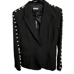 Why Dress Black Pearl Studded Blazer Jacket Medium Edgy Classy Elegant Chic NWT